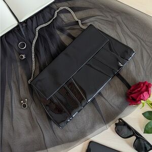 Edgy Glam Vibe Glossy Black Patent Chain Clutch.